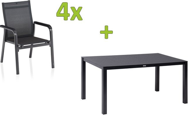 Kettler BasicPlus Premium Garten-Essgruppe in Anthrazit mit Tisch und 4 Stapelsesseln aus Aluminium und Spraystone, Tisch B: 160 cm, T: 95 cm, H: 75 cm - Bild 1