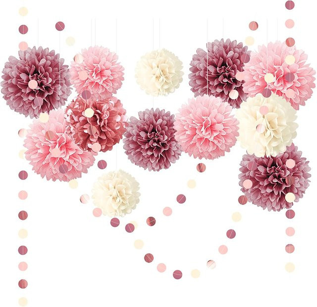 Casame Pom-Pom-Set aus Papier in Dusty Rose, Hellrosa, Gold und Beige zur Partydekoration für Hochzeit oder Babyparty - Bild 1