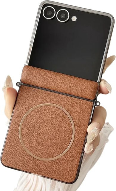 Magnetische Lederhülle für Samsung Galaxy Z Flip 7 mit kabelloser Ladefunktion und Scharnierschutz in Schwarz - Bild 1