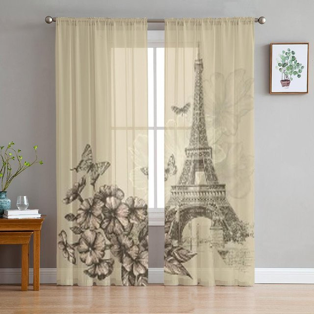 Super Six Transparenter Tüll-Vorhang mit Vintage Eiffelturm und Phlox-Blütenmuster in Beige, Breite: 135 cm, Höhe: 114 cm - Bild 1