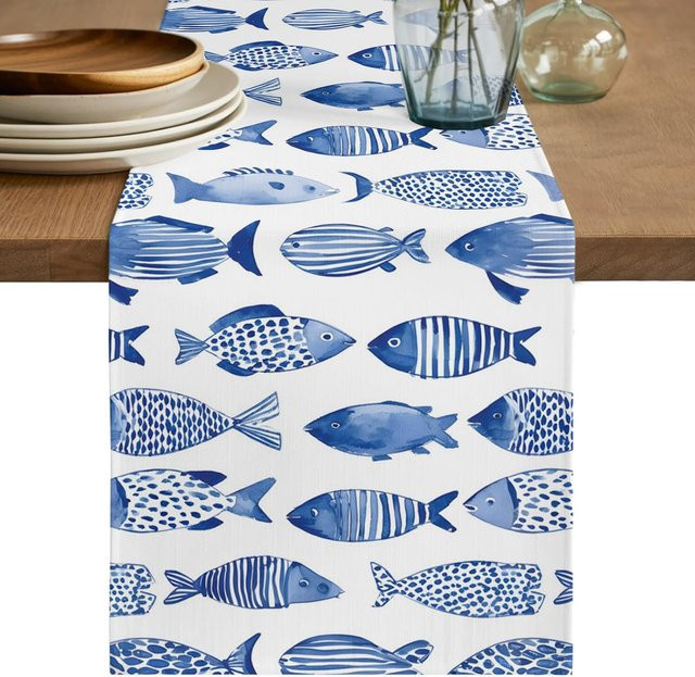 JMG Household Supplies Leinen Tischläufer mit Aquarell Küstenfisch Motiv in Blau und Grau, B/H: 150 x 33 cm - Bild 1