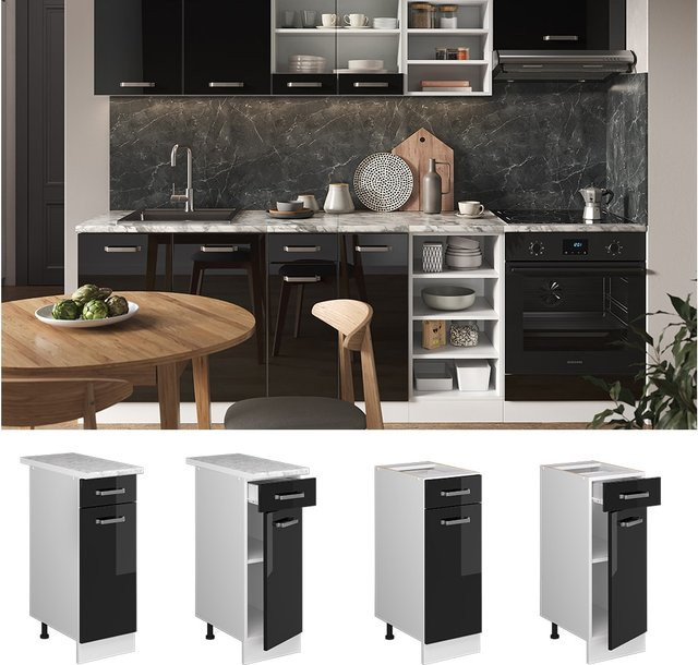 Vicco Küchenunterschrank R-Line Schwarz Hochglanz und Weiß mit Marmor-Arbeitsplatte, Breite: 30 cm, Höhe: 81,6 cm, Tiefe: 60 cm - Bild 3