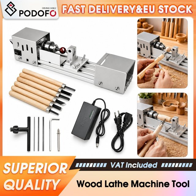 Podofo Mini-Tischdrehmaschine 24V in Silber mit variabler Geschwindigkeit 2000-8000 U/min und 6-teiligem Schnitzmeißel-Set für DIY-Holzbearbeitung - Bild 1