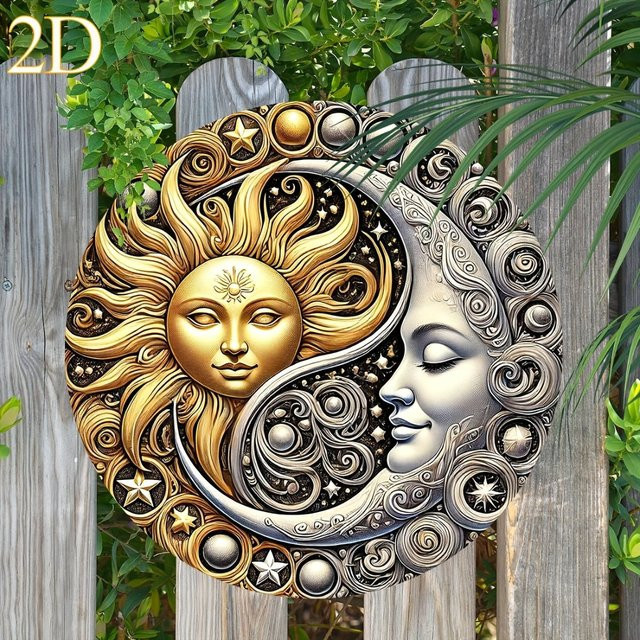 HELLOYOUNG Metallwandkunst Sonne und Mond in Gold und Multicolour, Himmlisches Design aus Metall für Garten und Zuhause, Rund und Abstrakt - Bild 1