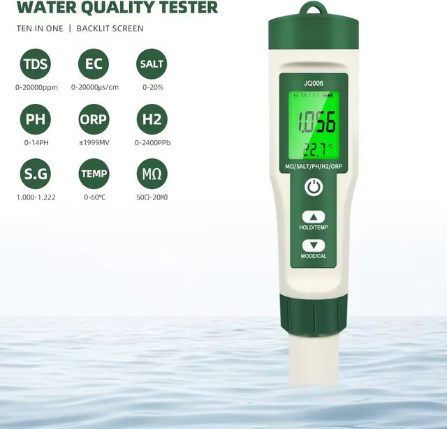 JUANJUAN 10-in-1 Digitaler Wasserqualitätstester für Aquarien und Schwimmbäder zur Messung von pH, EC, TDS, ORP, H2, Salzgehalt, S.G und Temperatur - Bild 1