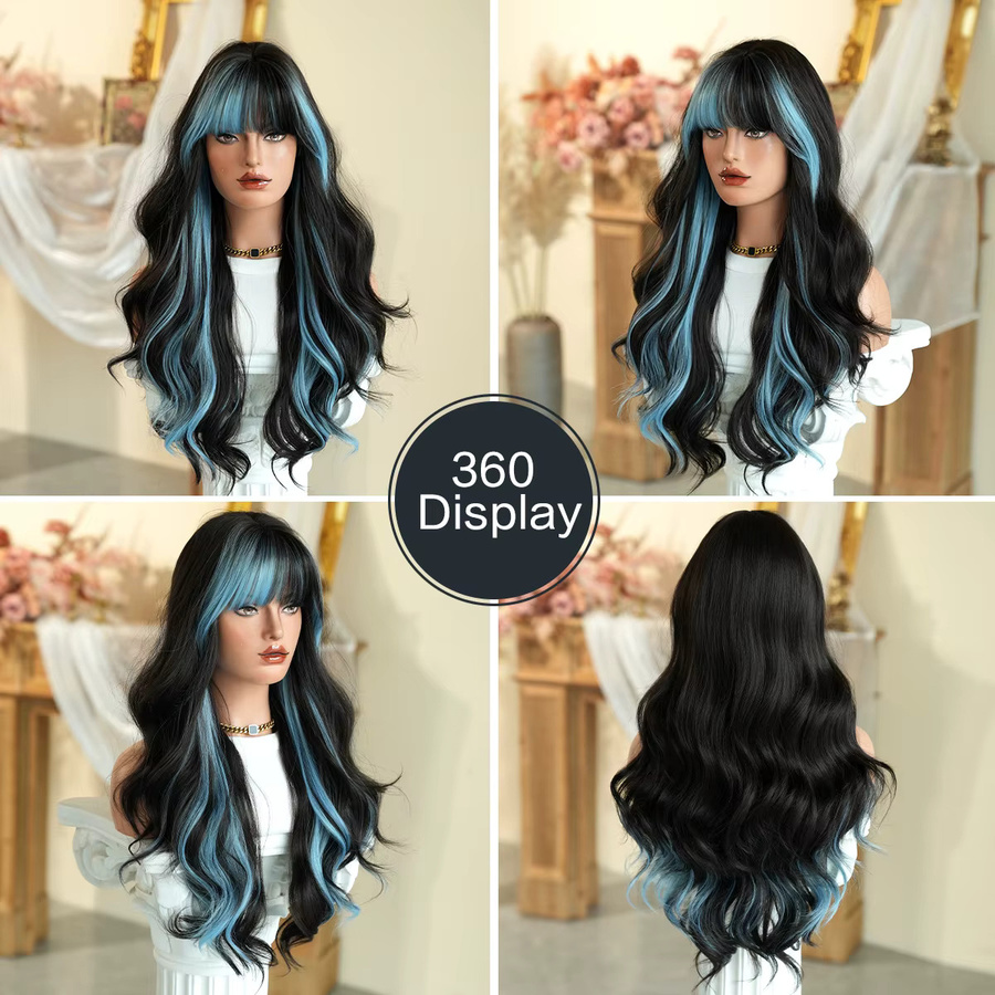 NAMM Perücke, lange gewellte Haare mit Pony, blau, synthetisch, Damen - Bild 3