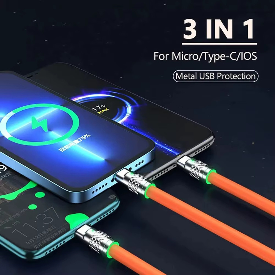 OIITH 3-in-1 Silikon-Ladekabel mit 120W Schnellladefunktion für USB-C, Micro-USB und Lightning in Grün und Orange - Bild 2
