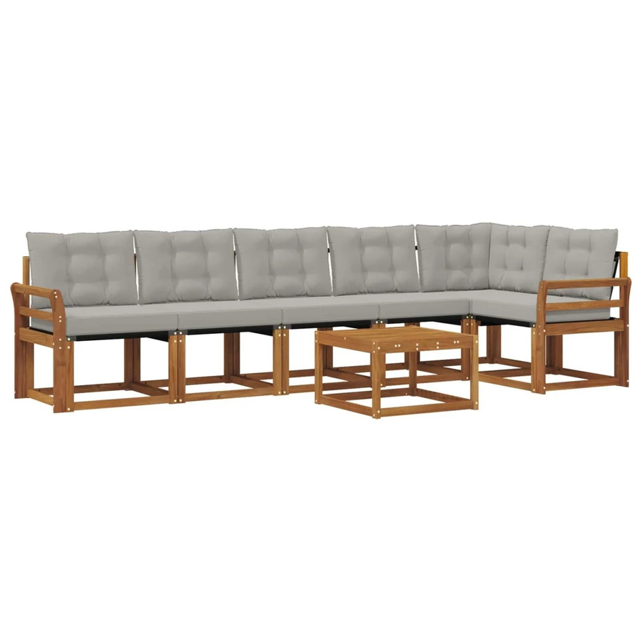 vidaXL Outdoor-Sofagarnitur 7-teilig aus Akazienholz und Textilene in Natur und Hellgrau mit Kissen und Armlehnen - Bild 2