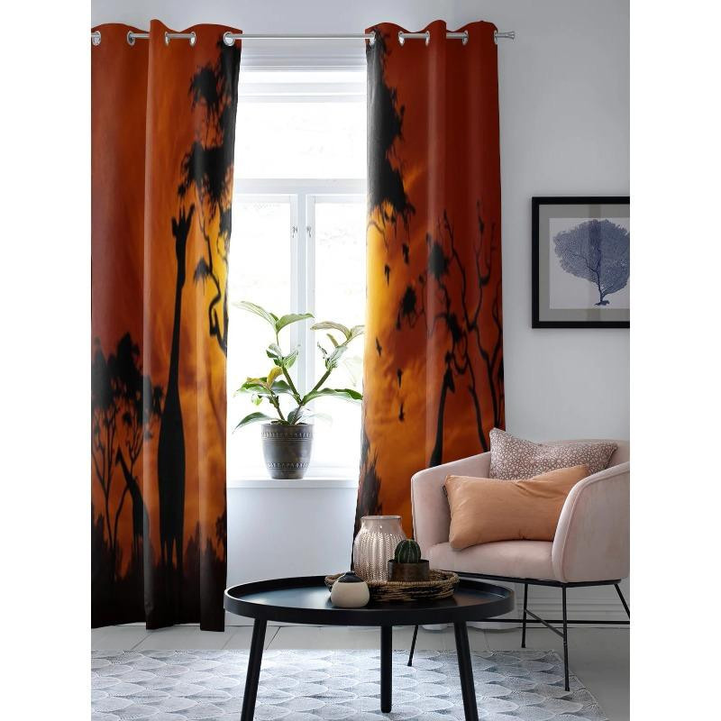 Moderne halbtransparente Vorhänge mit afrikanischer Landschaft und Giraffe bei Sonnenuntergang, Multicolor, Breite: 135 cm, Höhe: 60 cm - Bild 3
