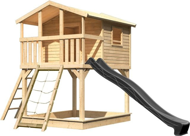 Karibu Stelzenhaus Benjamin aus Massivholz mit Rutsche und Netzrampe in Natur-Anthrazit - Bild 1