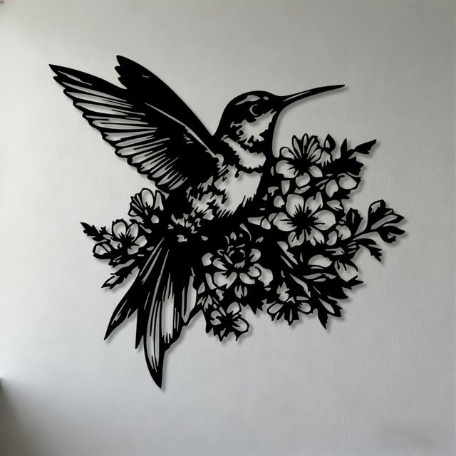 CIFBUY 2D Wandkunst aus Aluminium mit Kolibri und floralem Dekor in Schwarz - Bild 1