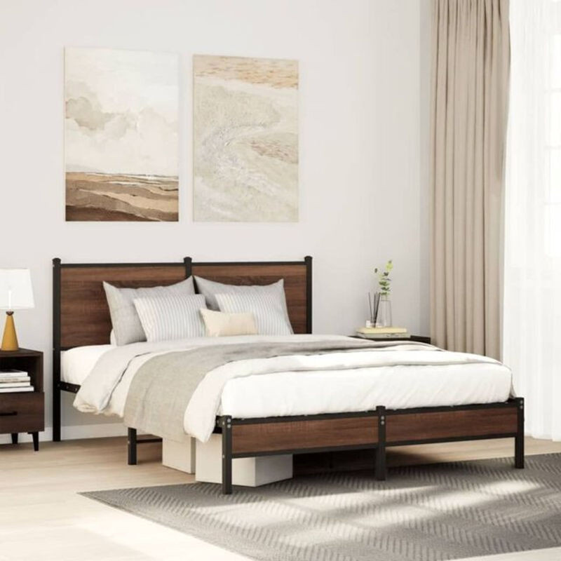 Metallbett Vidaxl in Braun mit Eichen-Optik im Industrial-Design, B/T/H: 137 x 190 x 91,5 cm - Bild 1