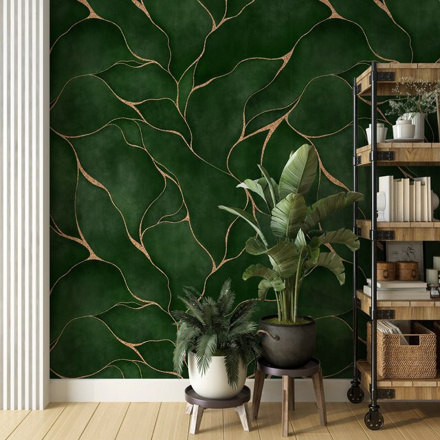 Pixel&Wall Tapetenwandbild mit grünen Aquarellblättern und gelber Linie, modernes florales Design als selbstklebende Tapetenrolle - Bild 1