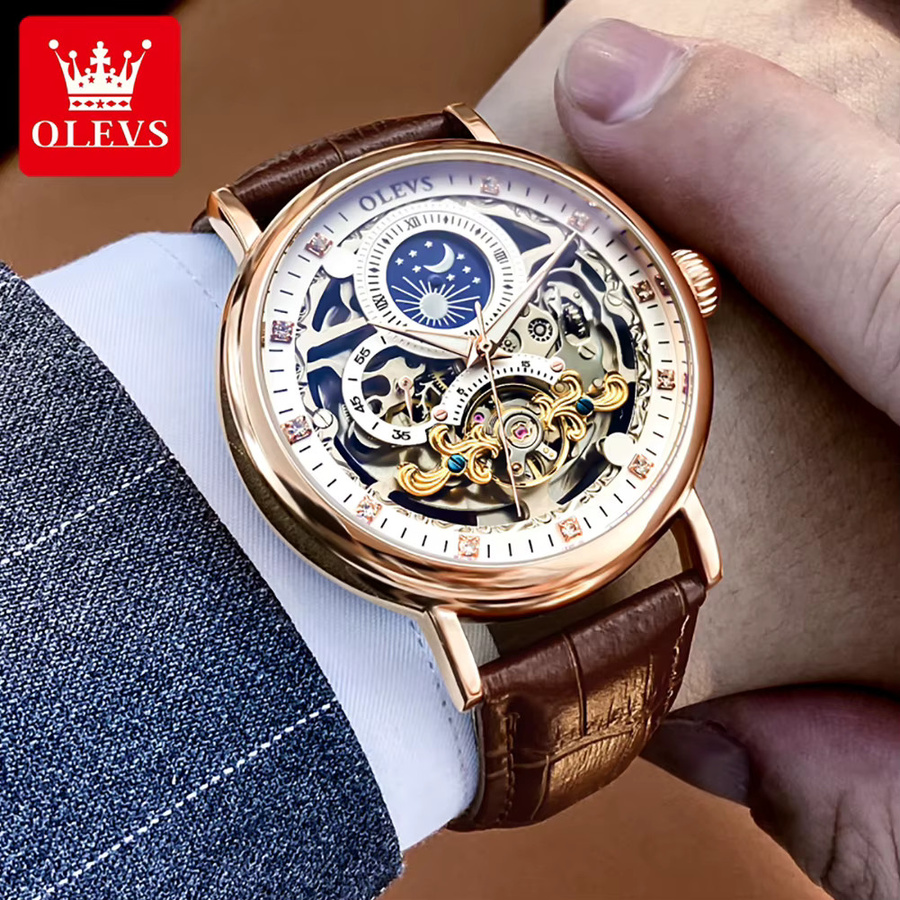 OLEVS Armbanduhr, Automatik, Mondphase, Skelett, Leder, Herren - Bild 5
