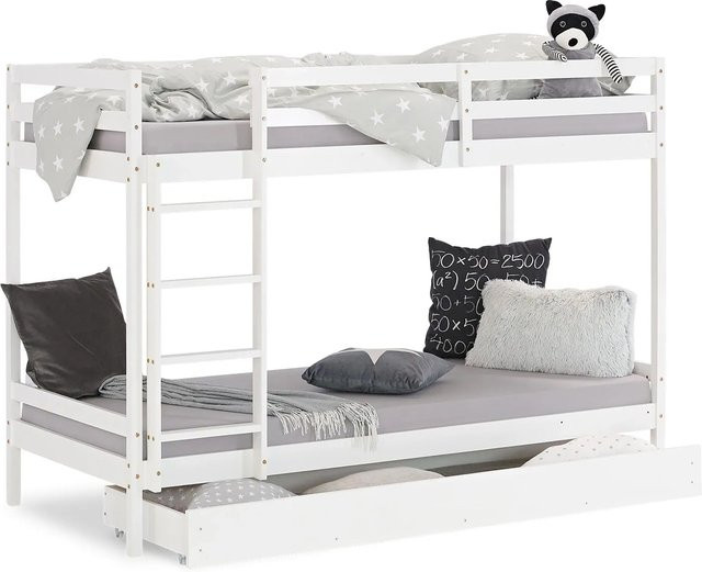 Homestyle4u Etagenbett aus Kiefernholz in Weiß mit Bettkasten und Treppe, B/T/H: 90 x 200 x 150 cm - Bild 1