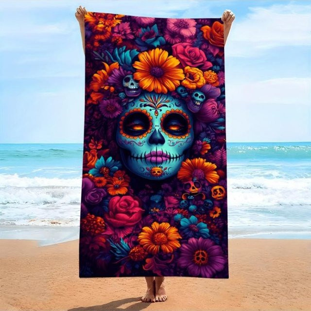 Dalangpa Strandtuch mit Blumen- und Totenkopf-Druck aus Mikrofaser in Multicolor, Breite: 40 cm, Höhe: 60 cm - Bild 1