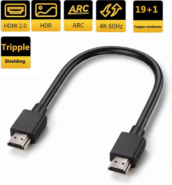 Ultra-Kurzes HDMI 2.0 Kabel in Schwarz für 4K 60Hz und HDR mit Unterstützung für ARC, CEC und Dolby Vision, Länge: 15 cm - Bild 1