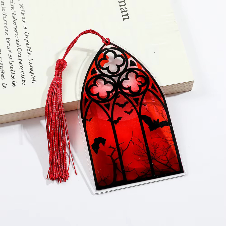 Scharlachrotes Fledermaus-Lesezeichen aus Acryl mit Quaste im gotischen Design - Bild 2