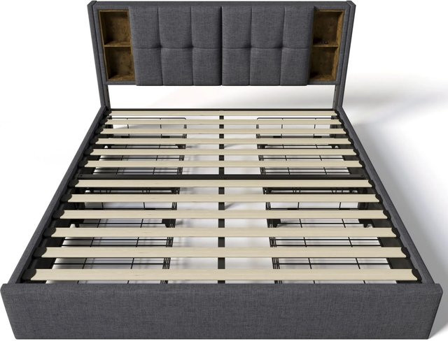Merax Polsterbett mit Schubladen und USB-C Ladestation in Grau, B/T/H: 160 x 200 x 103 cm - Bild 1
