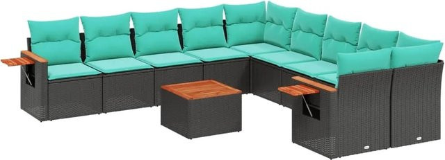 vidaXL 11-tlg Garten-Sofagarnitur aus Polyrattan in Schwarz mit blauen Kissen und Couchtisch im L-Shape Design - Bild 1