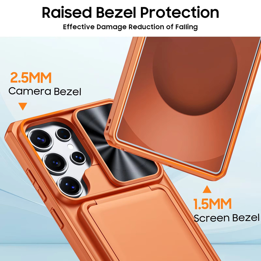BANGZAO Handyhülle für Samsung Galaxy S25 Ultra mit Ständer, Kartenhalter mit RFID-Schutz und Kameralinsenabdeckung, Orange - Bild 4