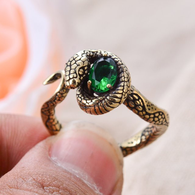 Yulouzhong Ring, Vintage Schlange & Ei, 925 Silber, Grün Kristall, Unisex - Bild 1