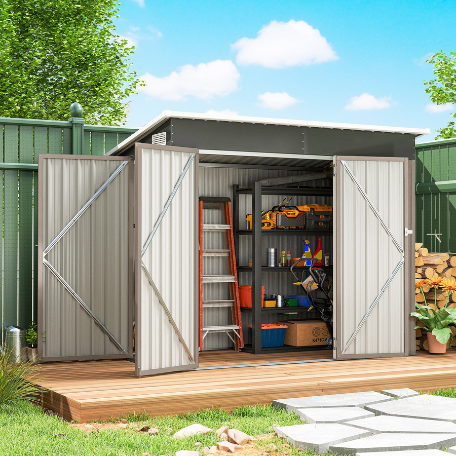 Outsunny Metall Gerätehaus in Grau mit Pultdach und Schloss, wetterfester Geräteschuppen aus verzinktem Stahl für den Garten, B/T/H: 234 x 132 x 185 cm - Bild 2