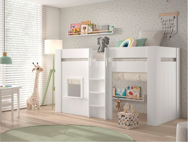 RENO halbhohes Spielbett in Hütten-Optik mit Vorhang-Set, Farbe: Creme-Weiß, Liegefläche: 90 x 200 cm - Bild 1