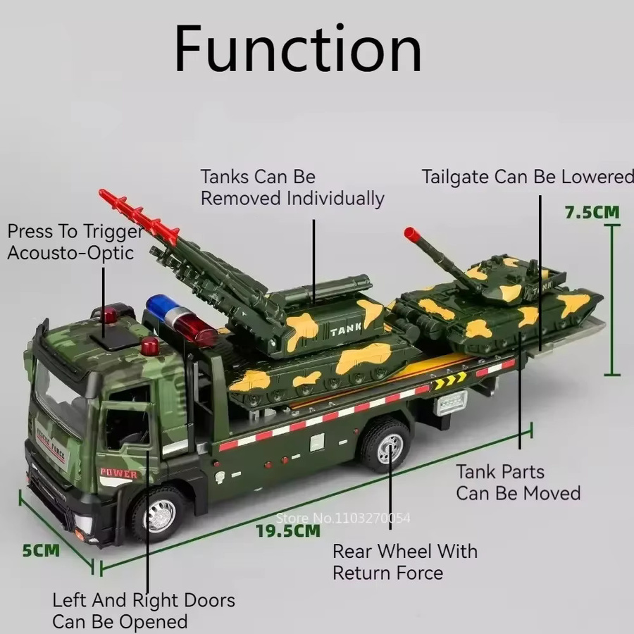MINI AUTO Militär Tank Flachbett Anhänger, Modell Spielzeug Auto, 1:32, Metall, mit Licht und Sound - Bild 2