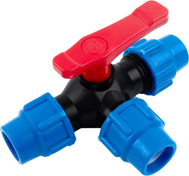 3-Wege-Kugelhahn aus Kunststoff in Schwarz und Blau, Durchmesser: 25 mm - Bild 1