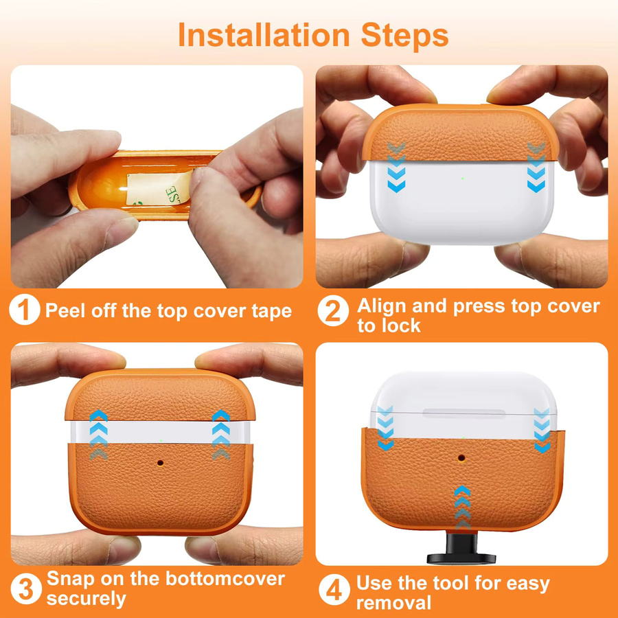 Stoßfeste Lederstruktur-Schutzhülle für Apple AirPods Pro 3 und Pro 2 mit Schlüsselanhänger und sichtbarer LED in Weiß und Orange - Bild 2