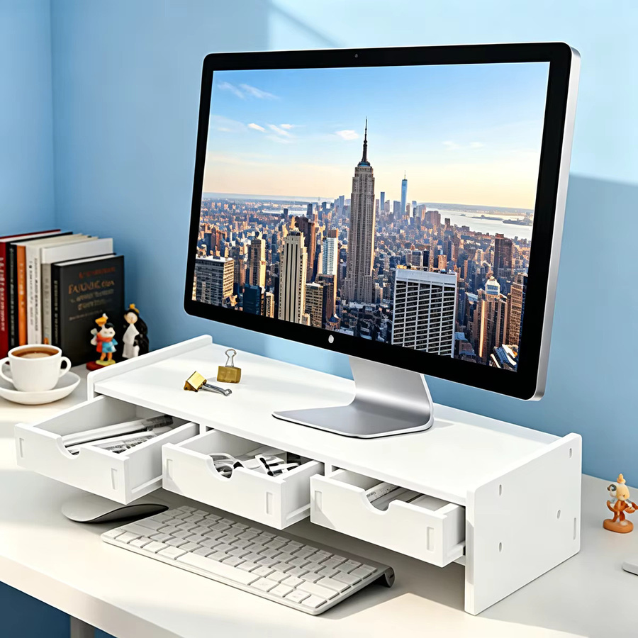Doppelschichtiges halbkreisförmiges Desktop-Aufbewahrungsregal mit drei Schubladen als ergonomischer Monitorständer und Laptop-Erhöhungshalterung in Weiß - Bild 4
