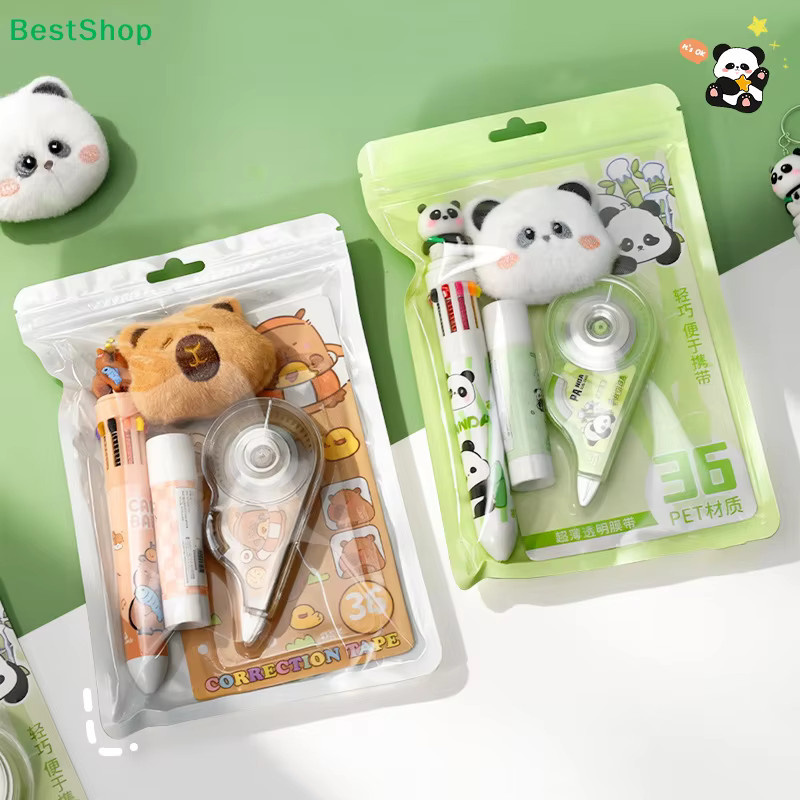 Niedliches Panda- und Capybara-Plüsch-Schreibwarenset mit Korrekturband und Stiften in Multicolour - Bild 2