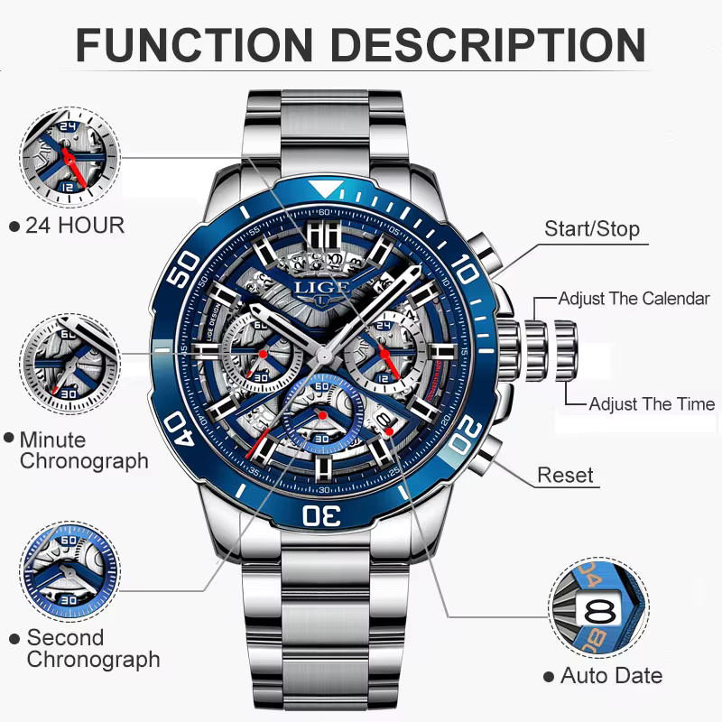 LIGE Armbanduhr Quarz, Edelstahl, Blau, Herren - Bild 3
