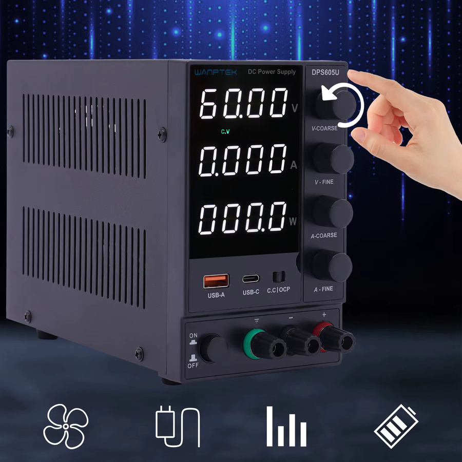 DPS605U DC-Netzteil mit USB-C Schnellladung, 0–60 V, 5 A, 300 W, Schwarz - Bild 2