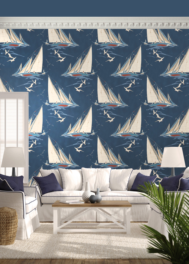 Mulberry Home Tapete Round the Island in Indigo Blau mit Natur- und Tiermotiven als Vlies-Rolle - Bild 1
