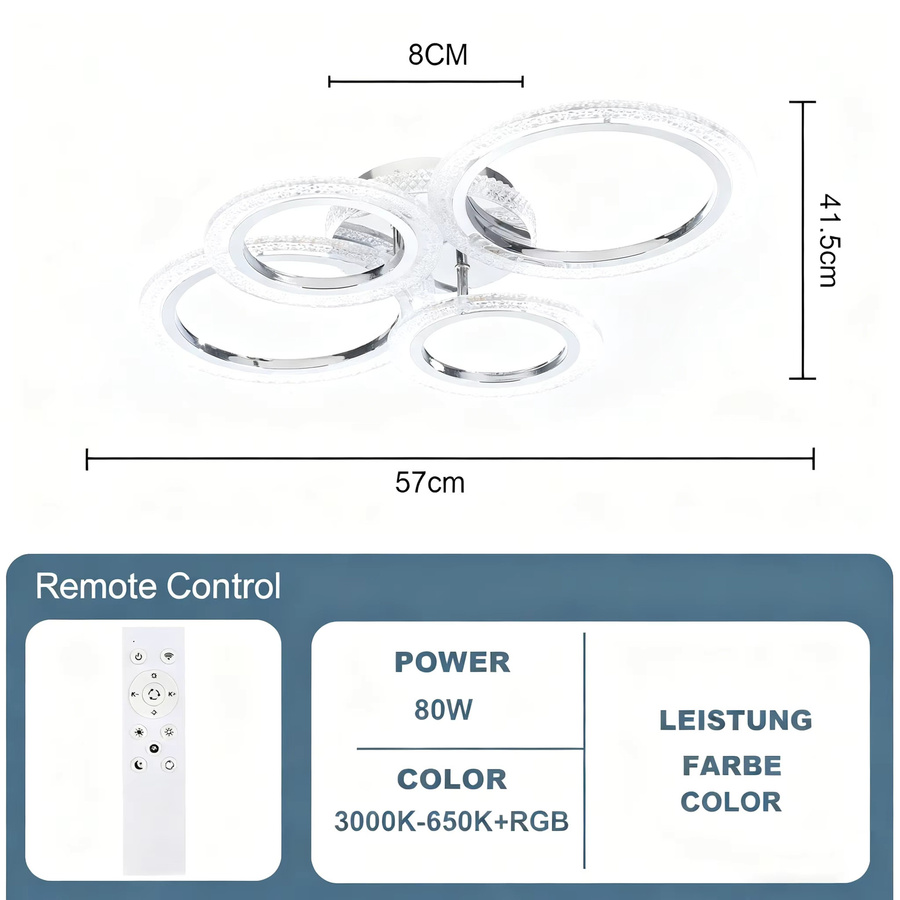 Oyajia RGB LED-Deckenleuchte in Ringform, dimmbar mit Fernbedienung, Chrom und Kristall, Farbe: Weiß/Mehrfarbig, Durchmesser: 57 cm - Bild 3
