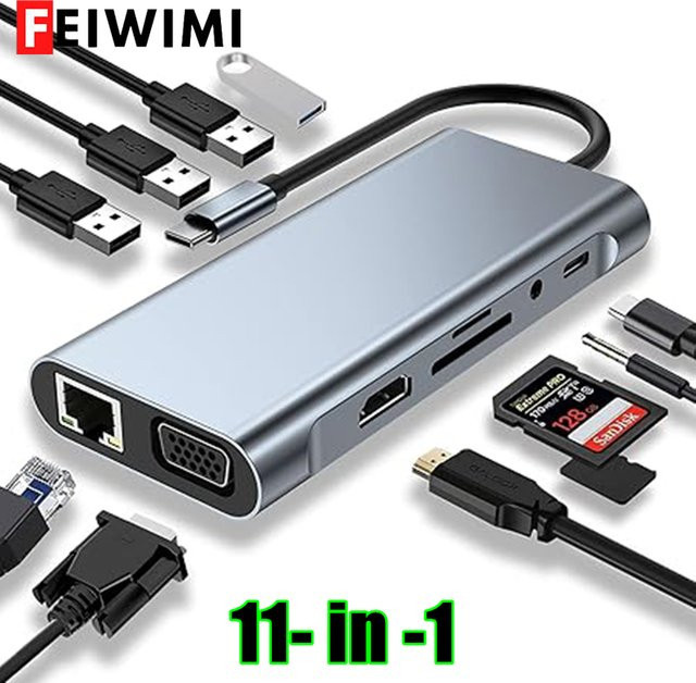 FEIWIMI USB C Hub Adapter Dongle in Silber mit 4K HDMI, VGA, USB C PD, RJ45 Ethernet, SD und TF Kartenleser für MacBook Pro/Air M1 und iPad - Bild 1