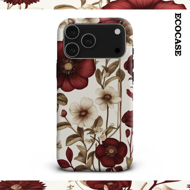 Burgundy Floral Elegance Handyhülle für iPhone 17 16 15 14 13 12 11 Pro Max Plus mit doppelschichtiger Rückseite in Rot und Multicolour - Bild 1