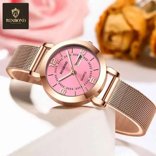 BINBOND Armbanduhr Damen, Quarz, Edelstahl, Roségold, Milanaise, Datum - Bild 1