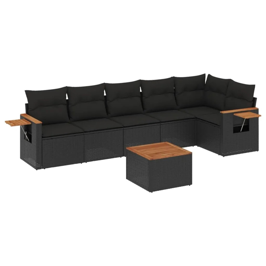 vidaXL 7-tlg. Garten-Sofagarnitur in L-Form aus schwarzem Poly-Rattan mit Kissen und Akazienholz - Bild 2