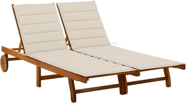 vidaXL 2-Personen-Sonnenliege aus Akazien-Massivholz mit beige Auflagen, verstellbarer Kopfstütze und Rollen - Bild 1