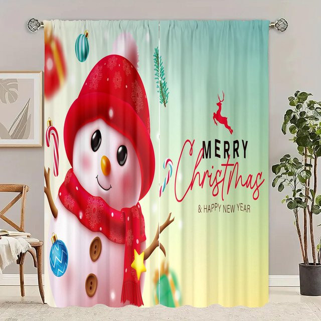 2er-Set Weihnachts Vorhänge mit Schneemann-Print in Rot und Multicolour, dekorative Winter-Fensterdekoration für Wohnzimmer und Schlafzimmer - Bild 1