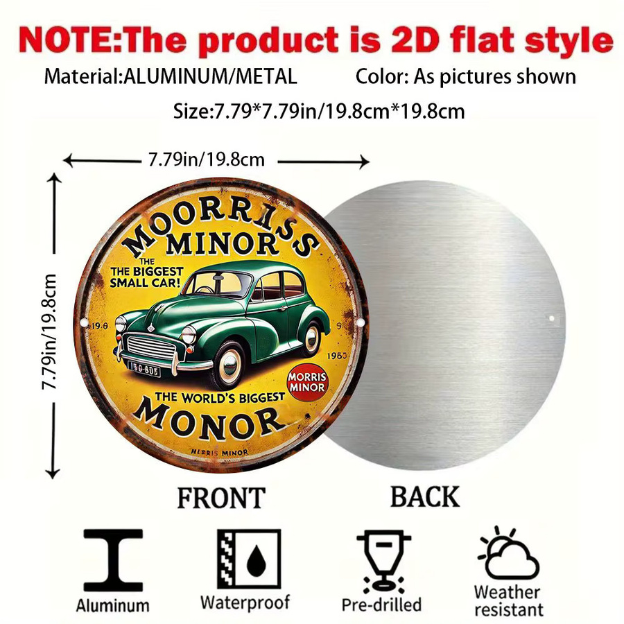 Potdemiel Vintage Morris Minor Car Metallblechschild, Retro Aluminium Wandkunst, Mehrfarbig, B/H: 20,3 x 20,3 cm - Bild 5