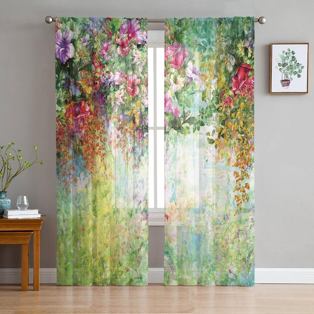 Transparente Tüll Vorhänge mit floralem Frühlingsblumen-Design von Household supplies MH, Organza Fenstergardinen für Wohnzimmer und Küche, Farbe: Transparent/Mehrfarbig, Breite: 135 cm, Höhe: 160 cm - Bild 1