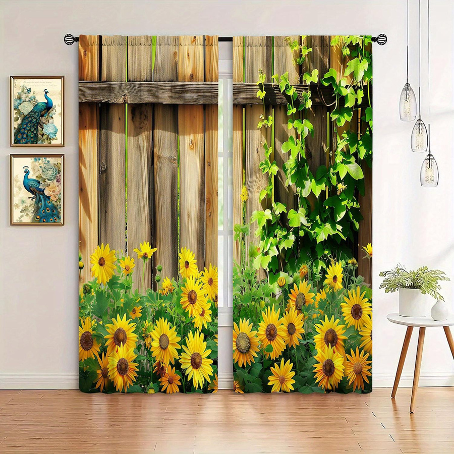 2-teiliges Set semi-transparente Vorhänge mit Sonnenblumen-Print von Household supplies MH, modern und floral, B: 52,5 cm, H: 116 cm, Mehrfarbig - Bild 3