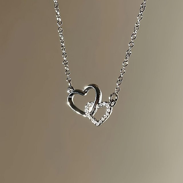 LChome Halskette mit Doppelring Herz Anhänger, Silber, Zirkonia, Damen - Bild 1