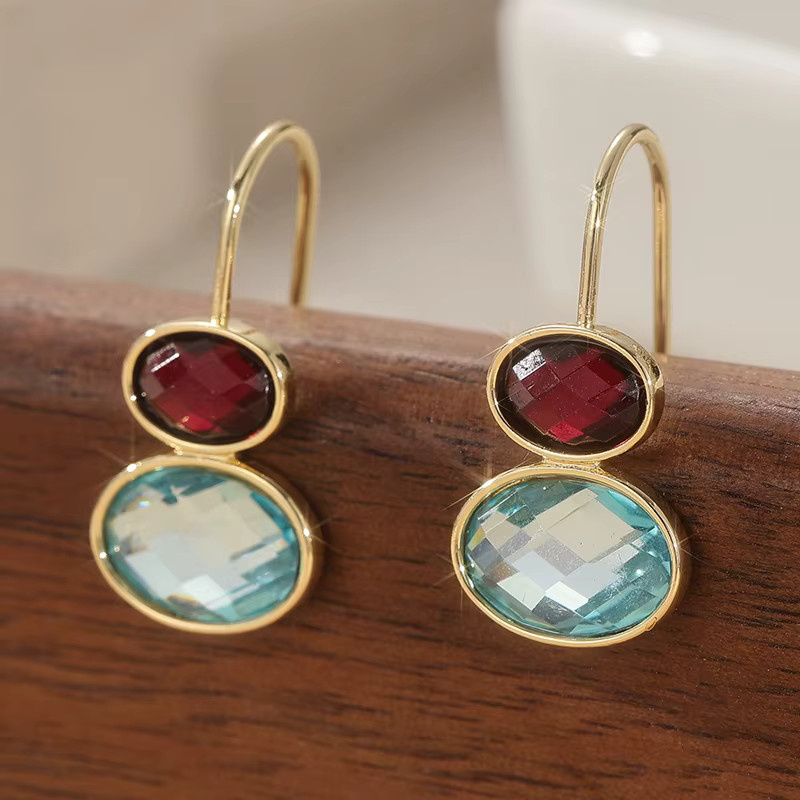 Ohrringe Gold Farbe, Metall, rote und blaue Steine, Damen - Bild 3