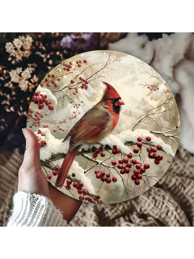 Potdemiel Wandkunst aus Metall: Runder Kardinal-Vogel und Stechpalmen-Beerenkranz in Rot für eine rustikale Weihnachtsdekoration, Durchmesser: 20,0 cm - Bild 5
