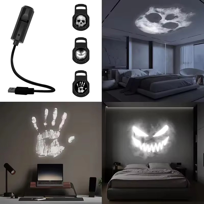 LINYILIGHT Projektionslicht USB Nachtlicht mit umschaltbaren Mustern Planet Mond Totenkopf Geist in Schwarz - Bild 5